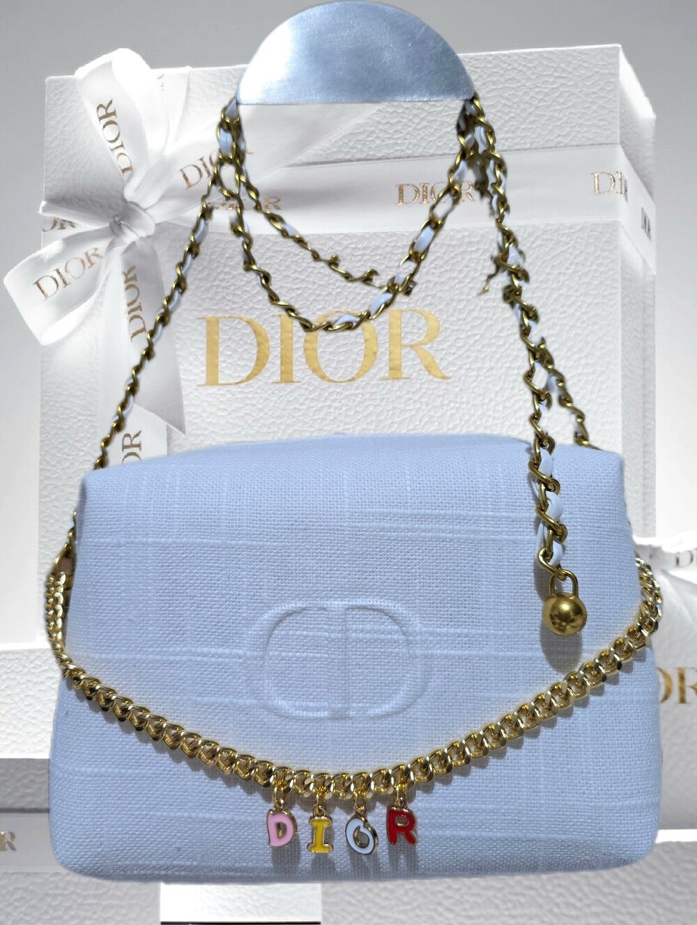 Dior White Canvas Embossed CD Cosmetic Makeup Pouch With Chains